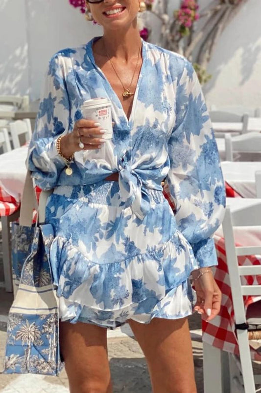 Summer Casual Printed Tie-Front Loose Top \u0026 Elastic Waist Shorts Set