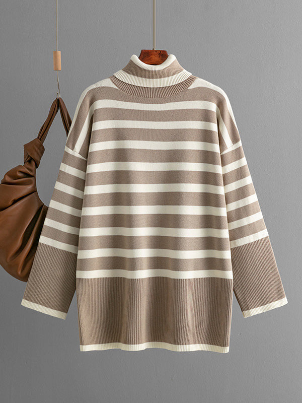 Long Sleeves Loose Contrast Color Split-Joint Striped Patterns High Neck Sweater Tops