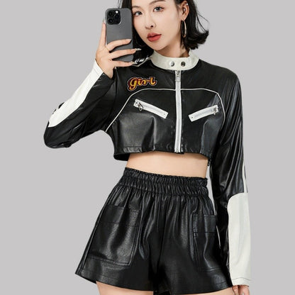 Short Color Block Motorcycle Jacket