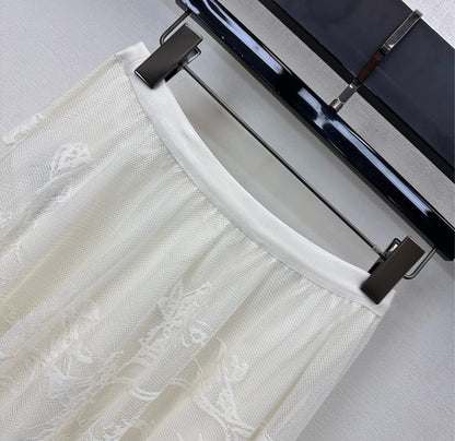 CD Lace Mesh Midi Skirt Ivory Polyester 350177