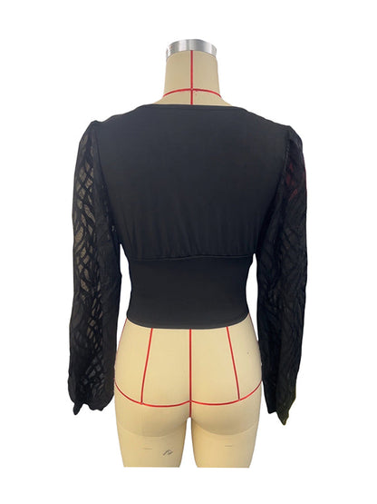 Long Sleeves Loose Buttoned Mesh Pleated See-Through Solid Color Split-Joint Deep V-Neck T-Shirts Tops