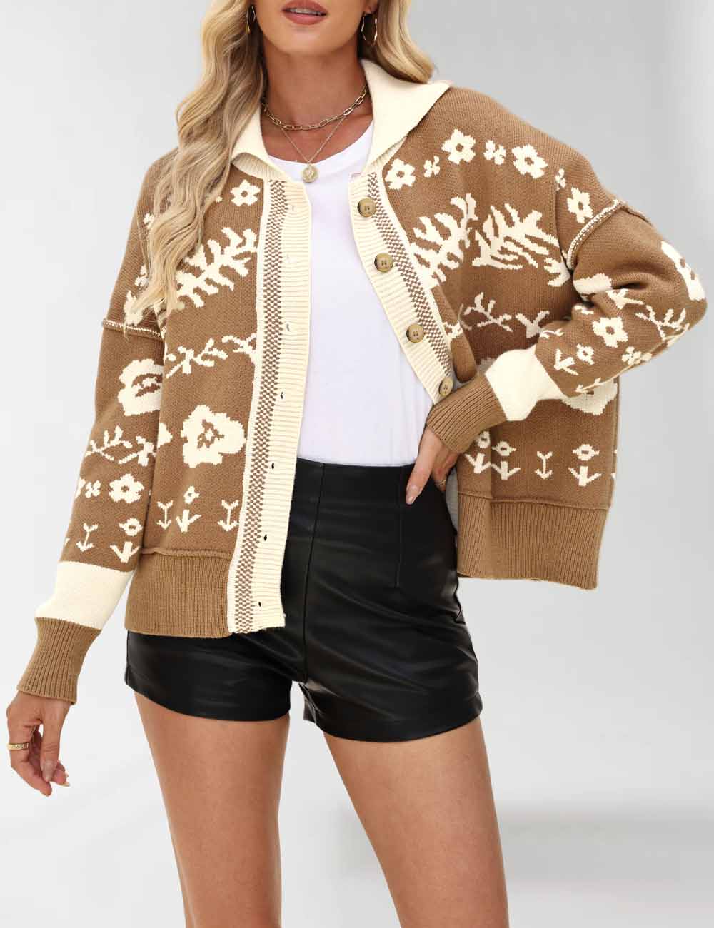 Vintage Floral Print Loose Knit Cardigan