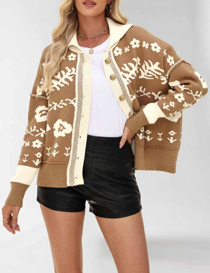 Vintage Floral Print Loose Knit Cardigan
