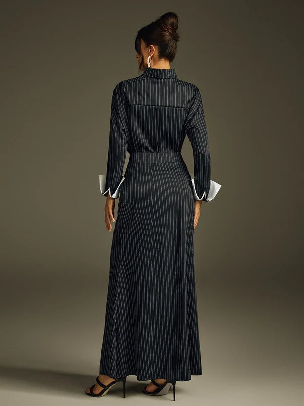 Hryixel Folded Collar Stripe Skirt Set
