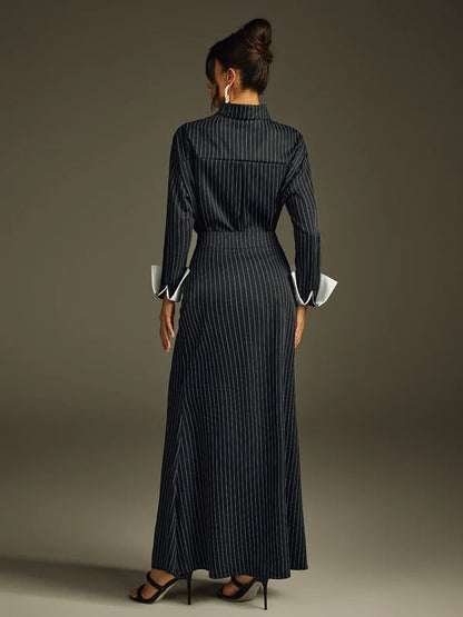 Hryixel Folded Collar Stripe Skirt Set