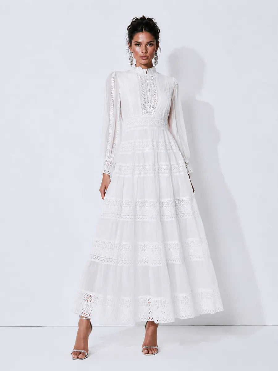 Camilla Lace-Panel Lantern-Sleeve Maxi Dress