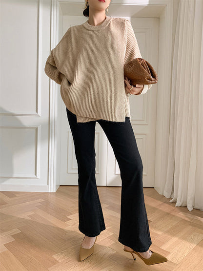 Irregularity Loose Solid Color Batwing Sleeves Round-Neck Sweater Tops