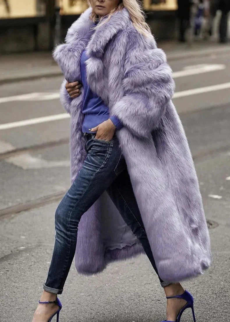 Faux Fur Lapel Coat Violet Longline Style