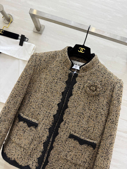 CC 26s Coat 3D Floral Embellished Beige Wool Blend Tweed