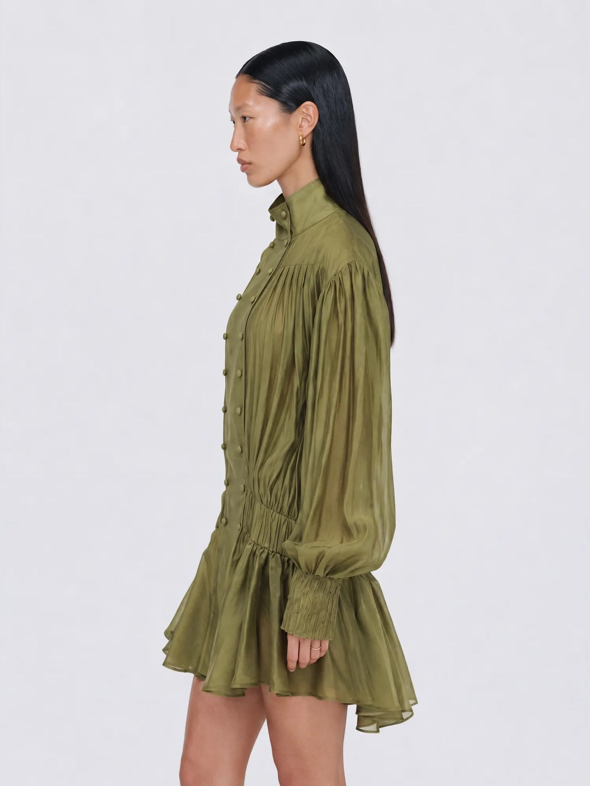 Bellatrix Stand-Collar Gathered Lantern-Sleeve Mini Dress