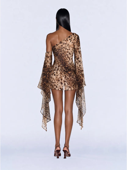 Marisol Leopard Print One-Shoulder Chiffon Mini Dress