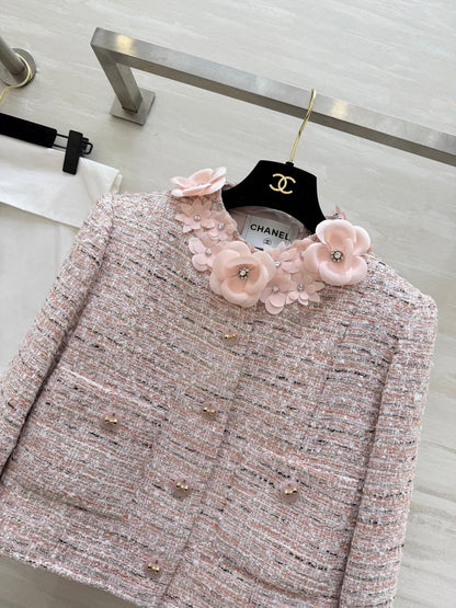 CC 26s Coat 3D Floral Embellished Light Pink Wool Blend Tweed