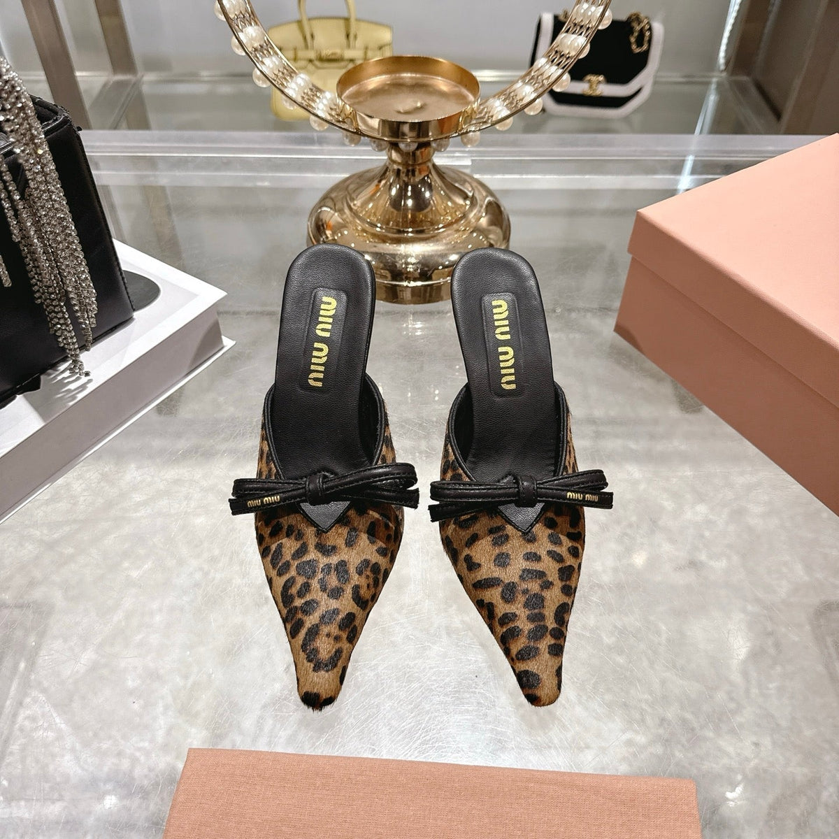 Miu 26 Pointed Toe High Heel Mule Leopard Print Sheepskin 592085