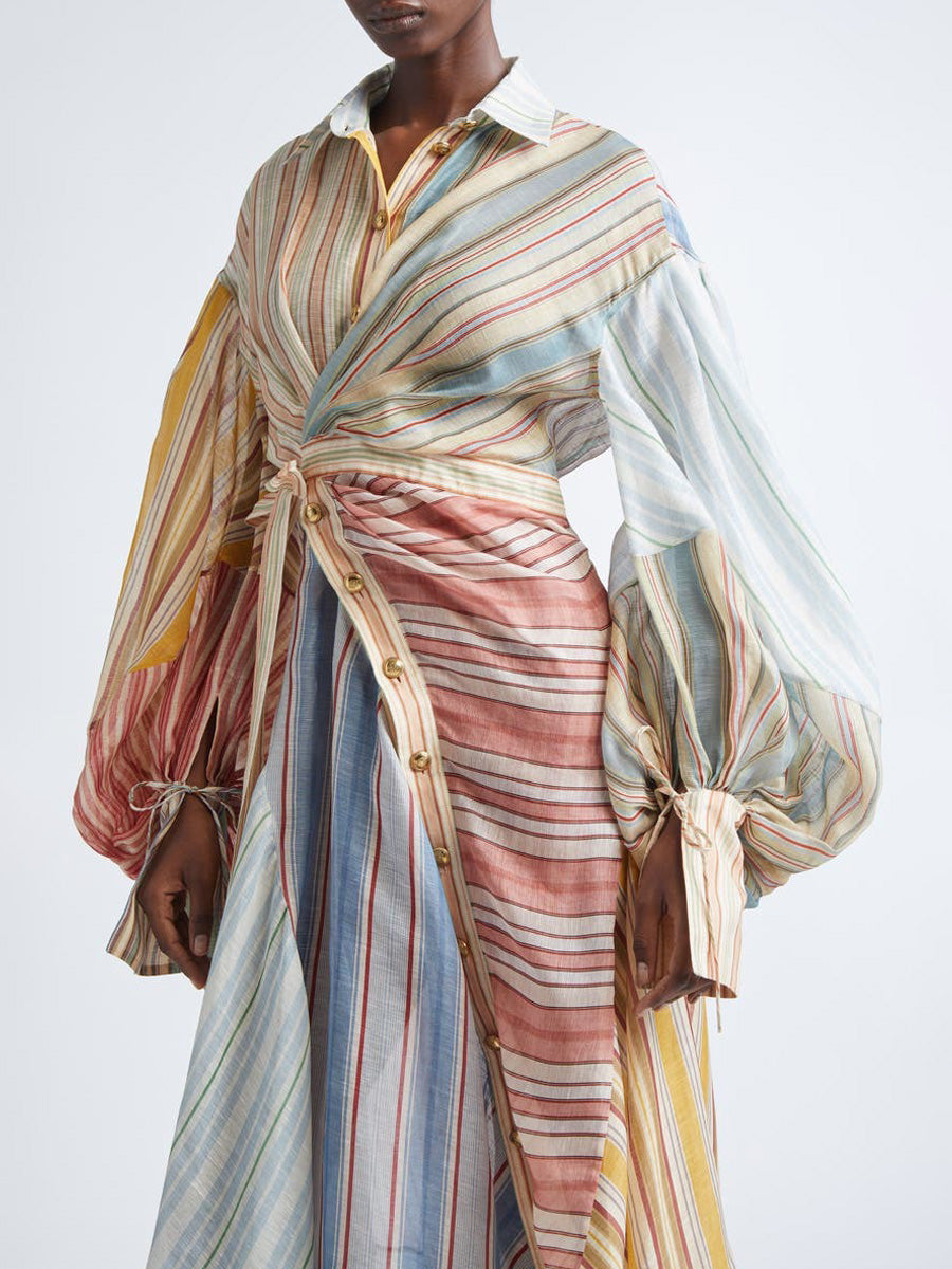 Serenity Asymmetric Stripe Long Sleeve Linen & Silk Shirtdress