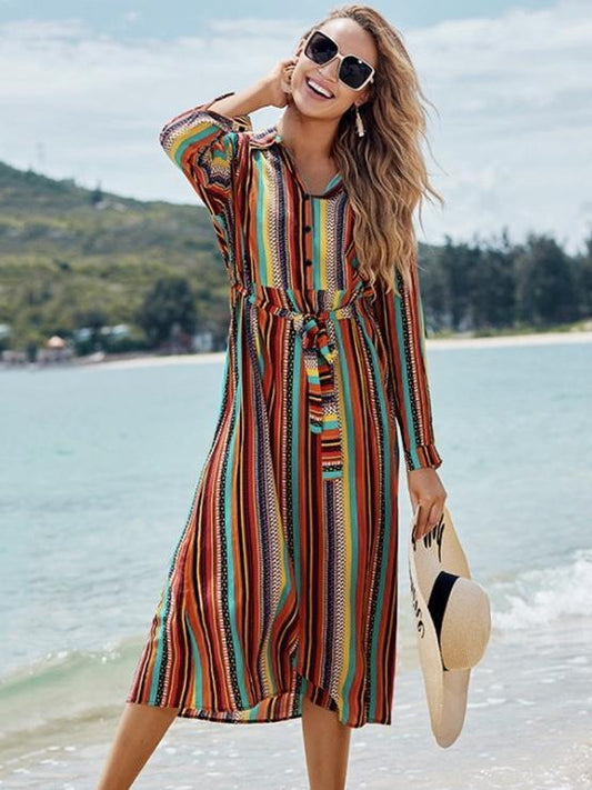New Shirt Collar Color Strip Button Belt Beach Cover Up