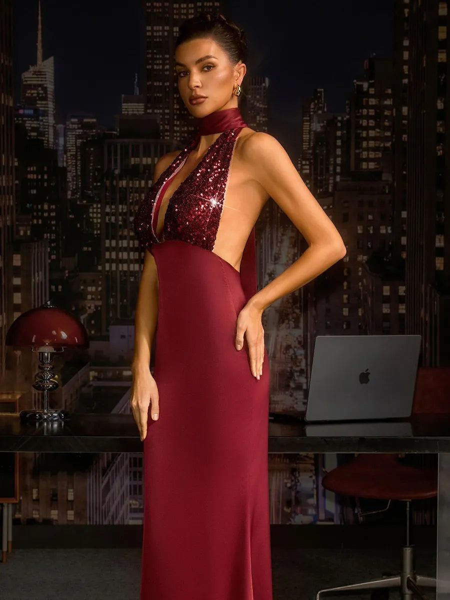Calista Plunge Neck Satin Sequin Maxi Dress