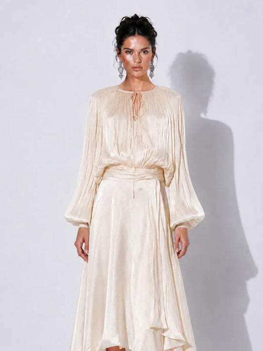 Estella Elegant Tie-Neck Long-Sleeve Maxi Dress