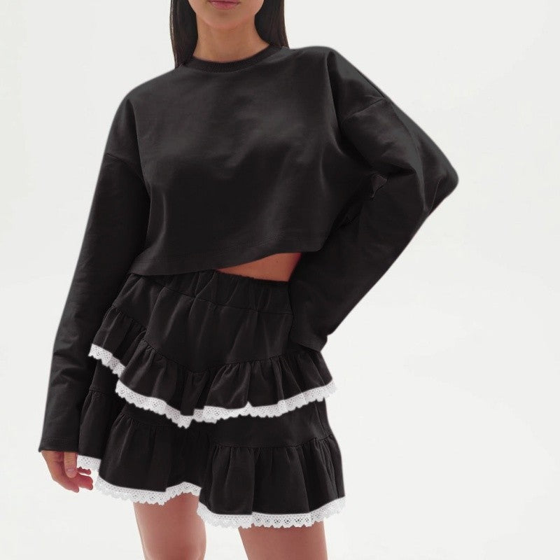 Color Block Crop Hoodie Lace Skirt Set