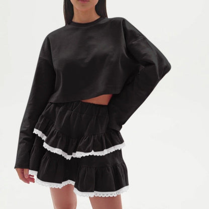 Color Block Crop Hoodie Lace Skirt Set