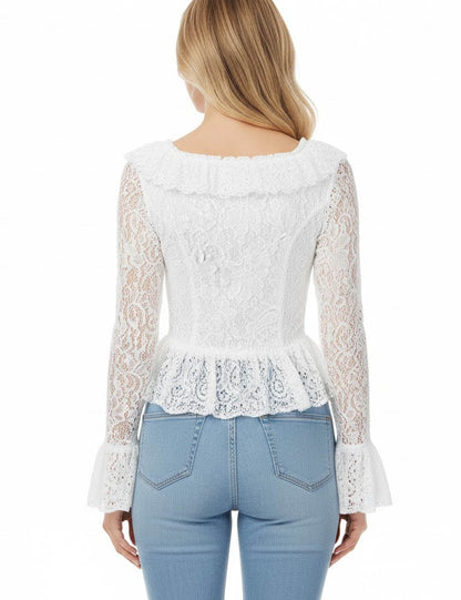 Elegant Square Neck Long Sleeve Lace Blouse