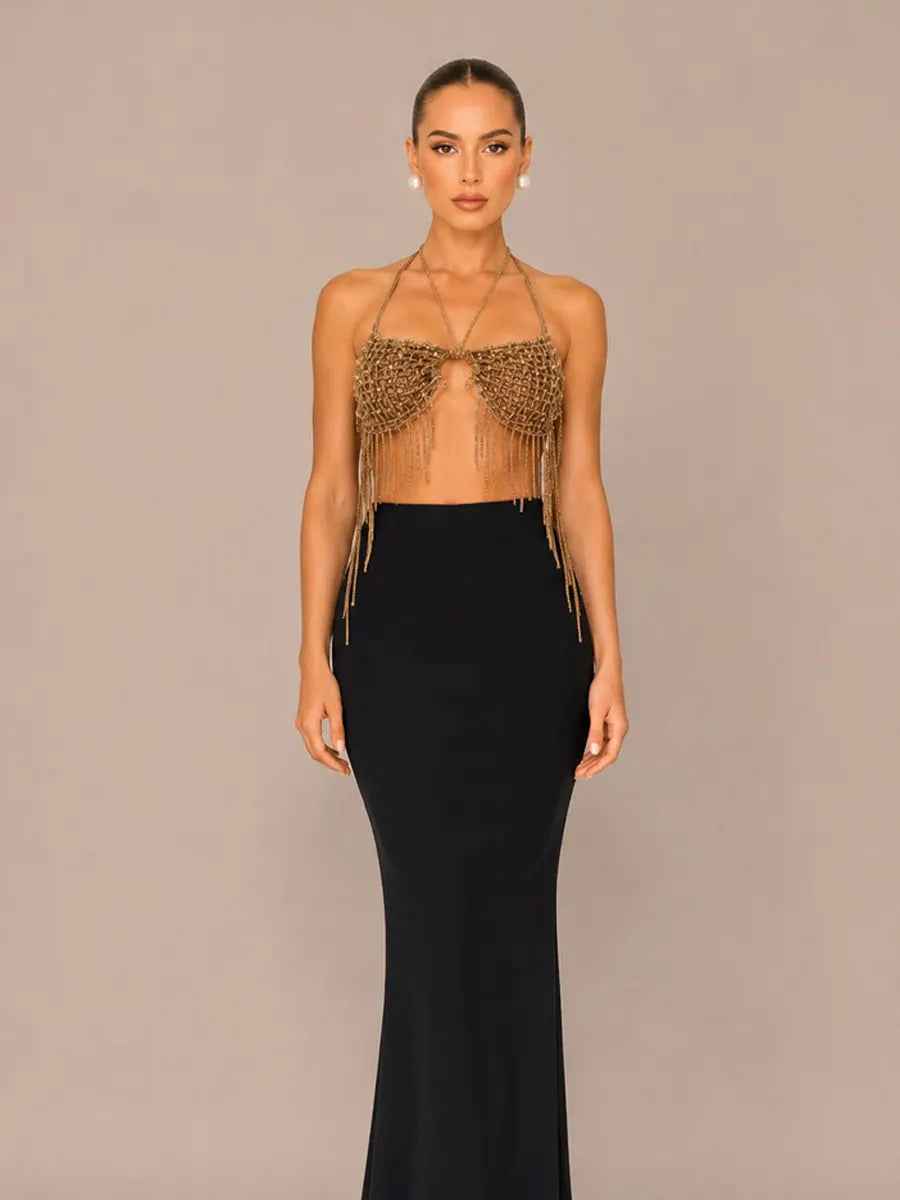 Olena Woven Halter Neck Two-Piece Set with Tassels