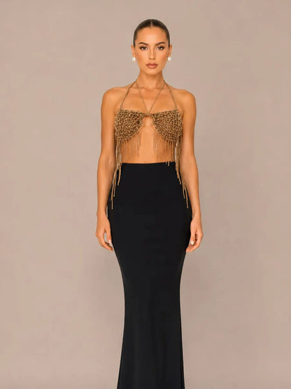 Olena Woven Halter Neck Two-Piece Set with Tassels