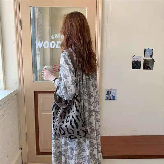 Crochet Tote Bag Leopard Print Knit Bag