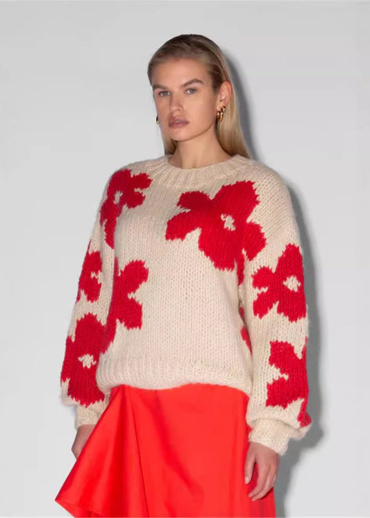 Floral Knit Sweater Thick Cozy Beige Red