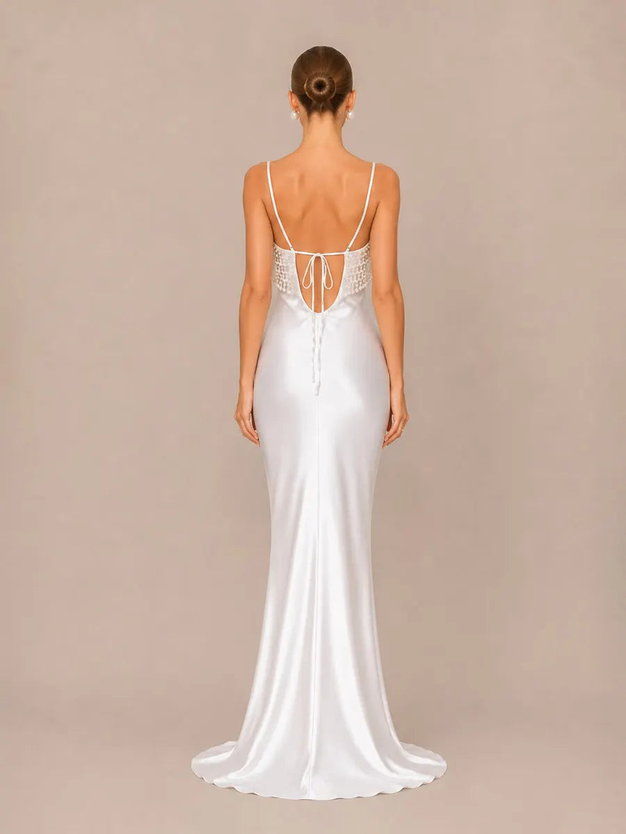 Nala Elegant Pearl Satin Maxi Dress