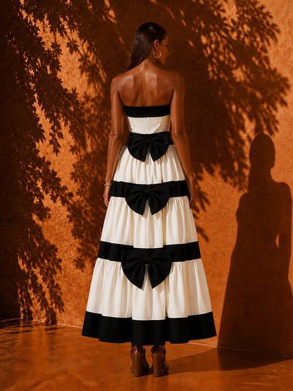 Davina Strapless Striped Maxi Dress with Bow Detail