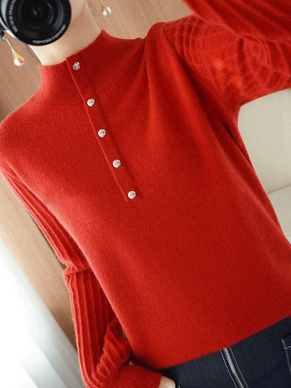 Casual Puff Sleeves Long Sleeves Solid Color Half Turtleneck Sweater Tops