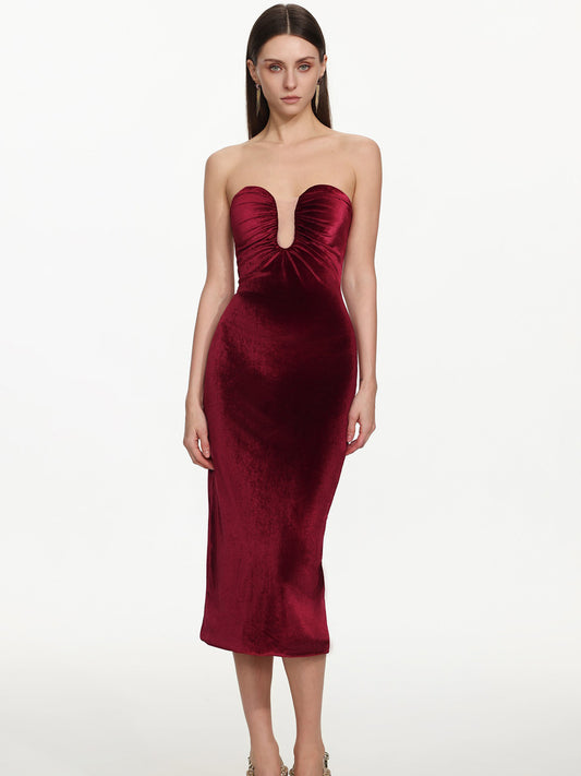 Giovanna Romantic Contour Strapless Ruched Velvet Maxi Dress