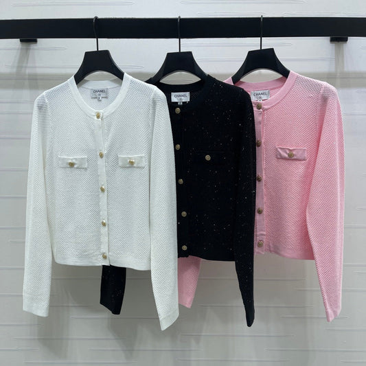 Chanel 2026 Sequined Crew Neck Knit Cardigan Silk Wool