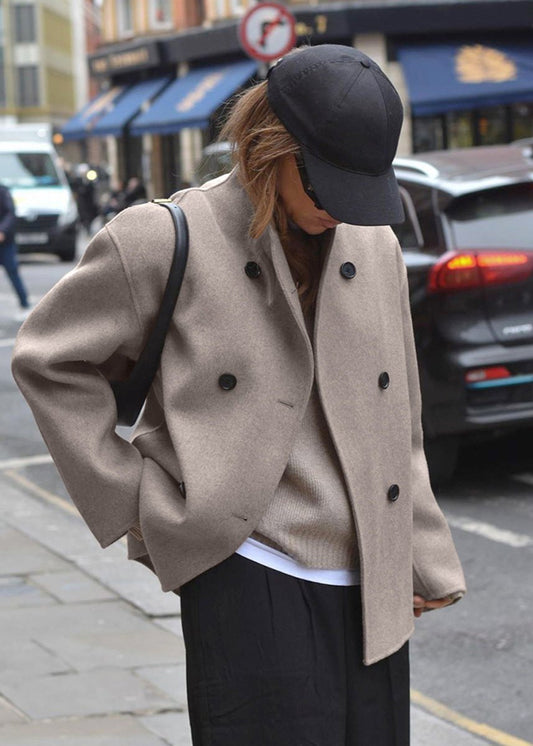 Double Breasted Woolen Coat Taupe Tailored Style