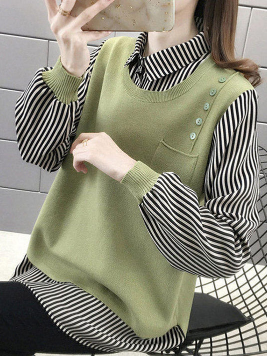 Original Loose Split-Joint 5 Colors Striped Round-Neck Long Sleeves False Two Sweater Top