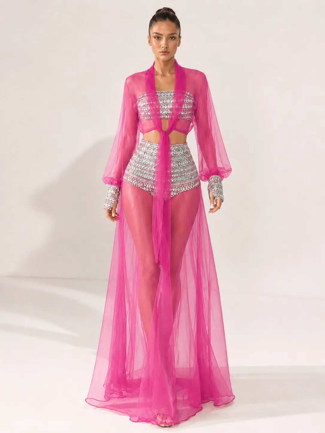 Celestia Rhinestone Sheer Mesh Three-Piece Set