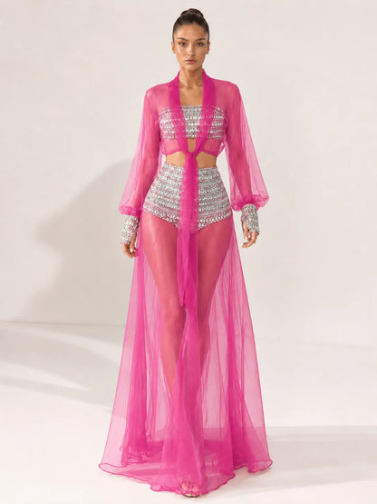 Celestia Rhinestone Sheer Mesh Three-Piece Set