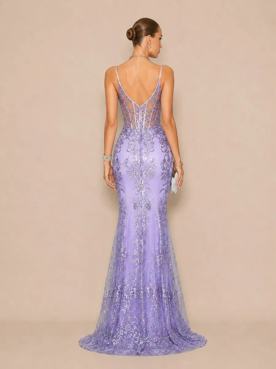 Aida Elegant Contour V Neck Sequin Purple Maxi Dress