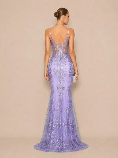 Aida Elegant Contour V Neck Sequin Purple Maxi Dress