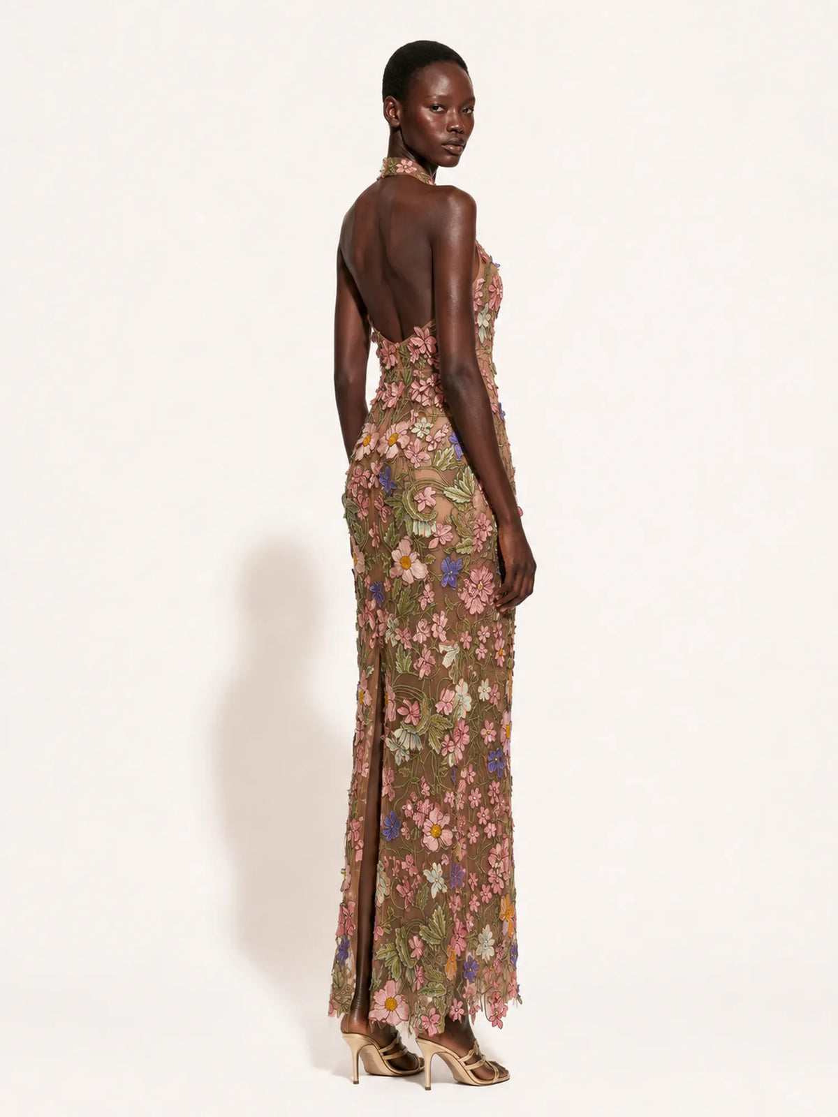 Adeline 3D Floral Details Halter-Neck Maxi Dress