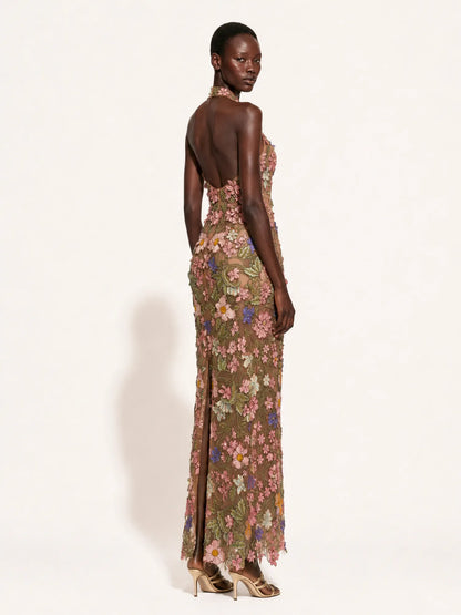 Adeline 3D Floral Details Halter-Neck Maxi Dress