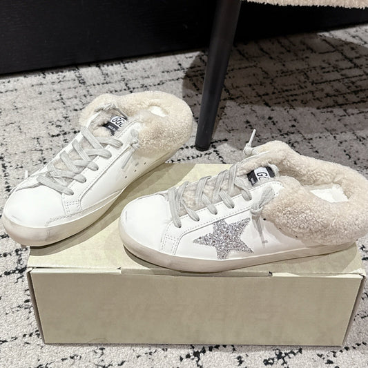 Golden Goose 2025 Star Sabot Shearling-lined Mule White Silver Cowhide Wool 500587