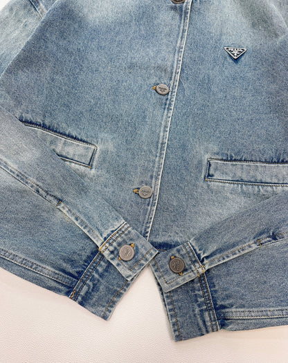 Prada 2025 Three-button Triangle Logo Denim Cropped Jacket Blue Cotton