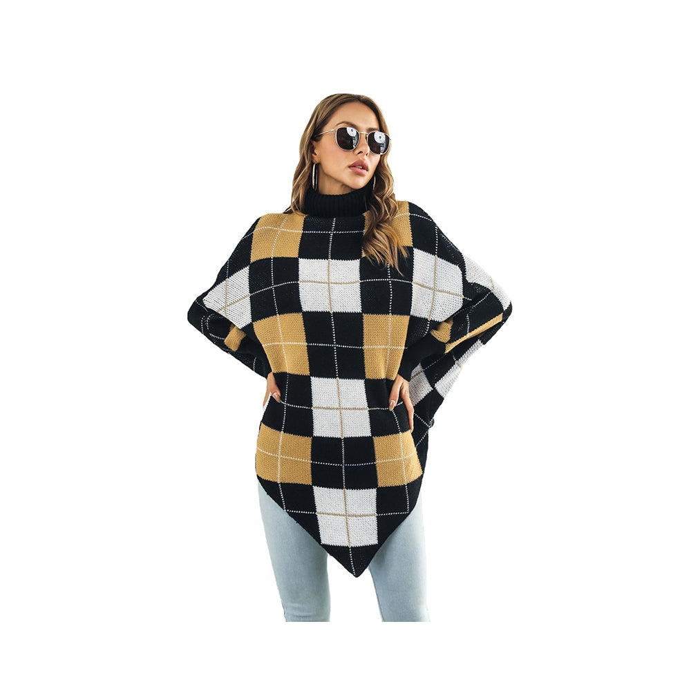 Casual Loose Batwing Sleeves Checkerboard High-Neck Sweater Tops