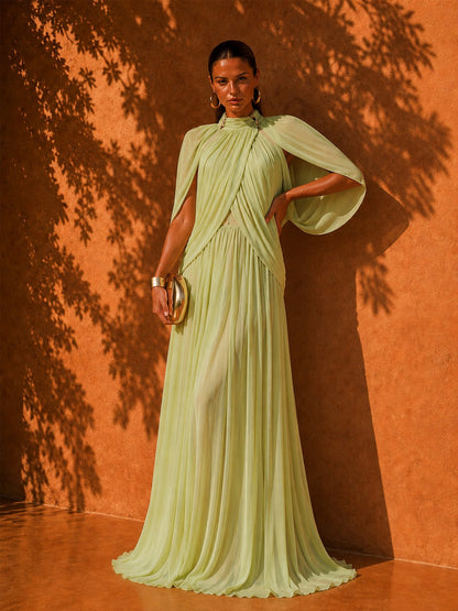 Bella Elegant Solid-Color Pleated Mesh Maxi Dress