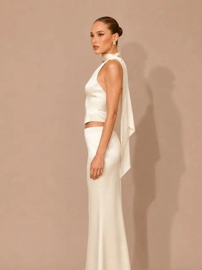 Kalista Satin Halter-Neck Open-Back Top + Maxi Skirt Set
