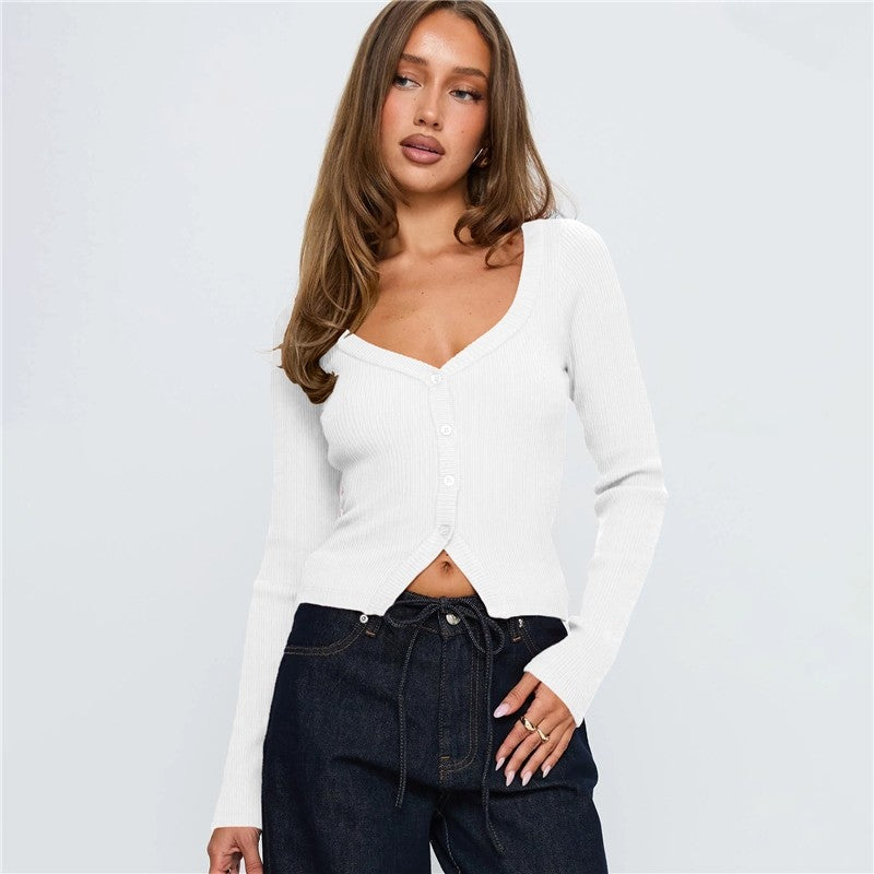 V Neck Long Sleeve Ribbed Button Cardigan