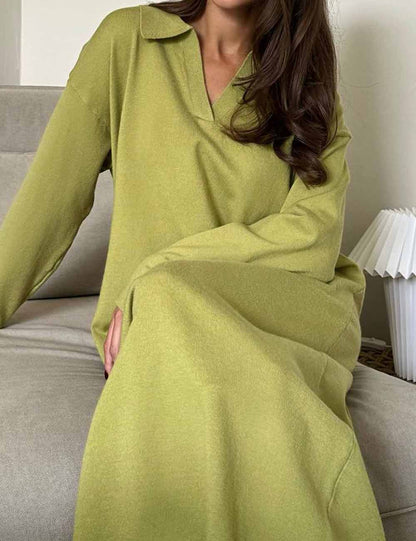 Fall Polo Collar Long Sleeve Maxi Dress