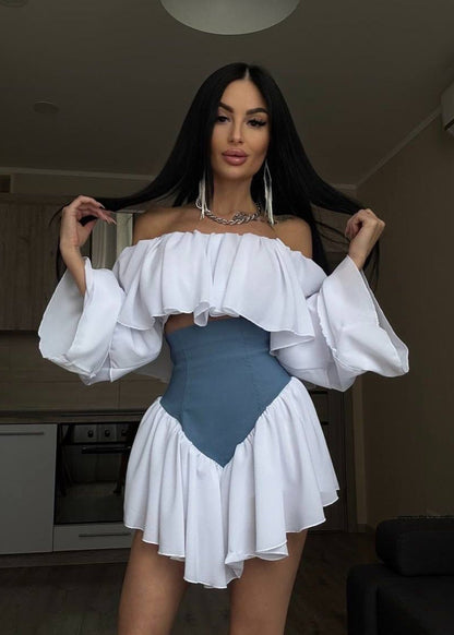 Off Shoulder Ruffle Sleeve Two Tone Mini Dress