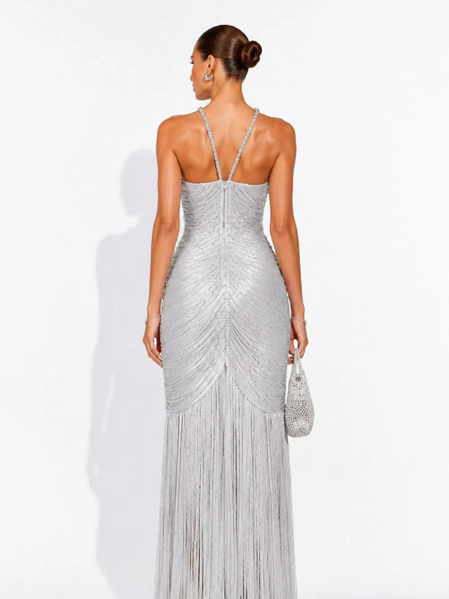 Beatrice Sleeveless Rhinestone Maxi Dress with Silver Tassels